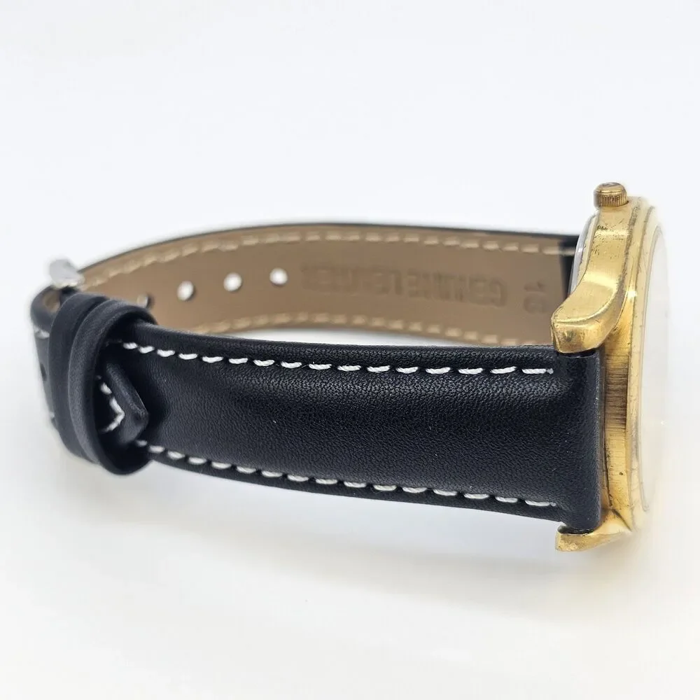 VTG Pulsar Men's Watch 37MM Gold Dial Day Date‎ New Black Leather Bands Battery